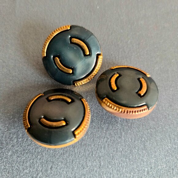 3 vintage blue buttons with gold details. - Picture 2 of 4